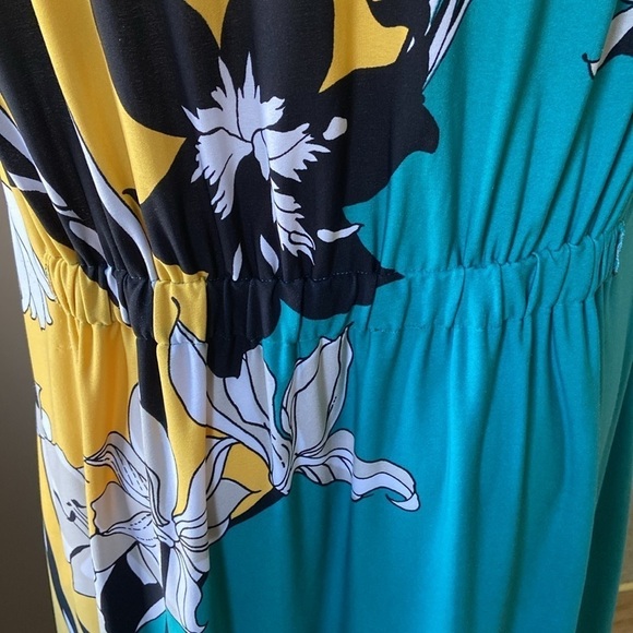 Tahari Sleeveless Teal Floral Art Deco Midi Dress Stretchy Retro Plus Size - Picture 7 of 10